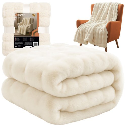 Kuscheldecke 160x100 cm Weiß – Weiche Tagesdecke aus Kunstfell & Plüsch - Easy2sell - Deluxe