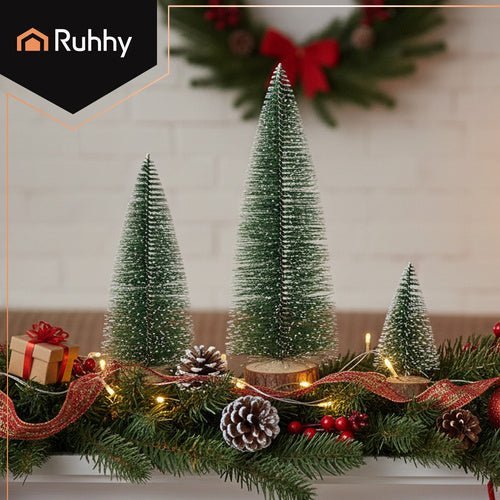 Mini - Weihnachtsbäume 3er - Set – Schneebedeckt mit Holzfuß, Grün, 11 - 28 cm - Easy2sell - Deluxe