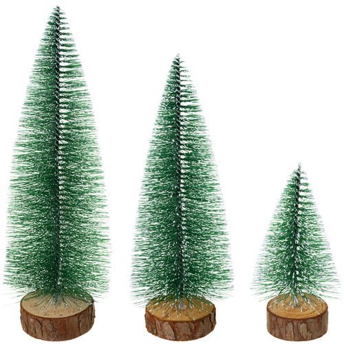 Mini - Weihnachtsbäume 3er - Set – Schneebedeckt mit Holzfuß, Grün, 11 - 28 cm - Easy2sell - Deluxe