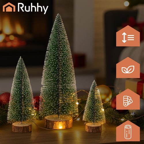 Mini - Weihnachtsbäume 3er - Set – Schneebedeckt mit Holzfuß, Grün, 11 - 28 cm - Easy2sell - Deluxe