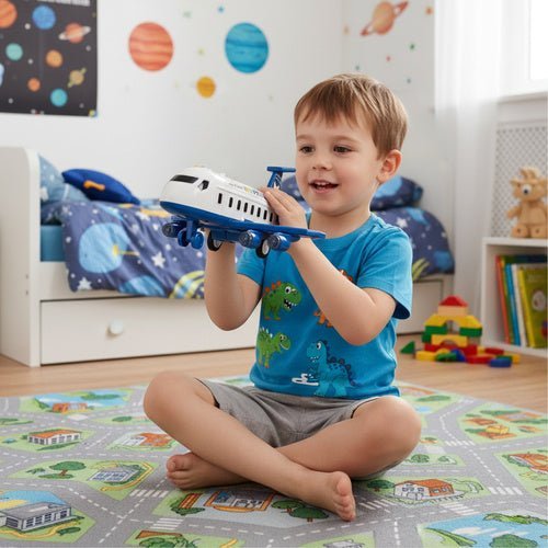 Polizeiflugzeug Spielzeug Set mit 4 Autos, Parkplatz, Licht und Sound – Blau - Easy2sell - Deluxe