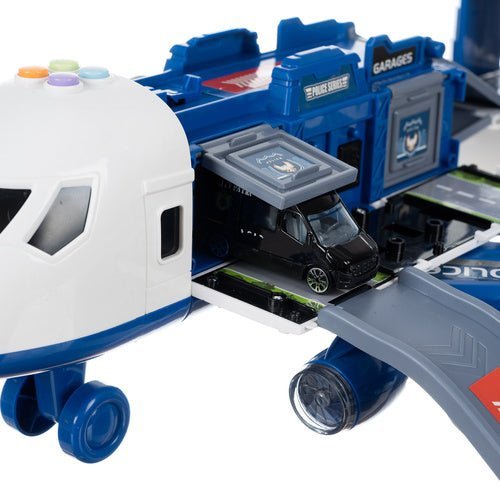Polizeiflugzeug Spielzeug Set mit 4 Autos, Parkplatz, Licht und Sound – Blau - Easy2sell - Deluxe