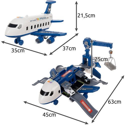 Polizeiflugzeug Spielzeug Set mit 4 Autos, Parkplatz, Licht und Sound – Blau - Easy2sell - Deluxe