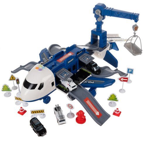 Polizeiflugzeug Spielzeug Set mit 4 Autos, Parkplatz, Licht und Sound – Blau - Easy2sell - Deluxe