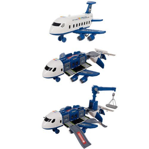 Polizeiflugzeug Spielzeug Set mit 4 Autos, Parkplatz, Licht und Sound – Blau - Easy2sell - Deluxe