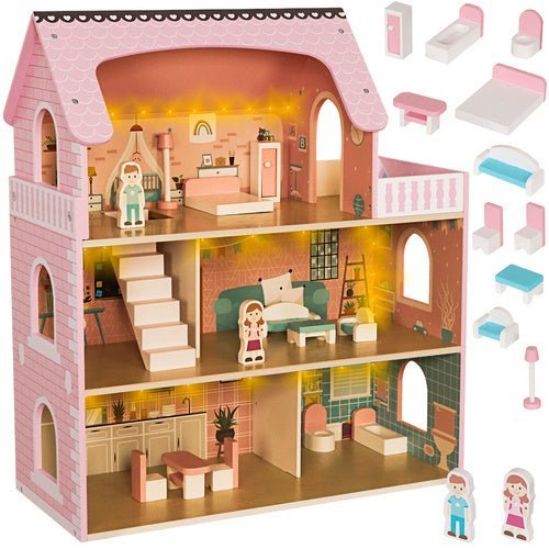 Puppenhaus aus Holz mit LED - Beleuchtung – 3 Ebenen inkl. Möbel & Zubehör - Easy2sell - Deluxe