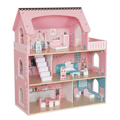 Puppenhaus aus Holz mit LED - Beleuchtung – 3 Ebenen inkl. Möbel & Zubehör - Easy2sell - Deluxe