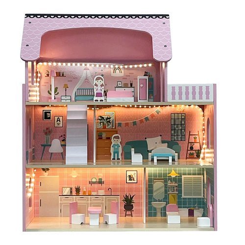 Puppenhaus aus Holz mit LED - Beleuchtung – 3 Ebenen inkl. Möbel & Zubehör - Easy2sell - Deluxe