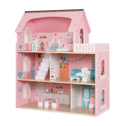 Puppenhaus aus Holz mit LED - Beleuchtung – 3 Ebenen inkl. Möbel & Zubehör - Easy2sell - Deluxe