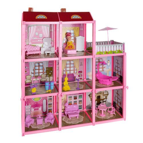 Puppenhaus mit Balkon, 3 Etagen, 8 Zimmer, 22 Möbelstücke & Puppe, 65 cm - Easy2sell - Deluxe