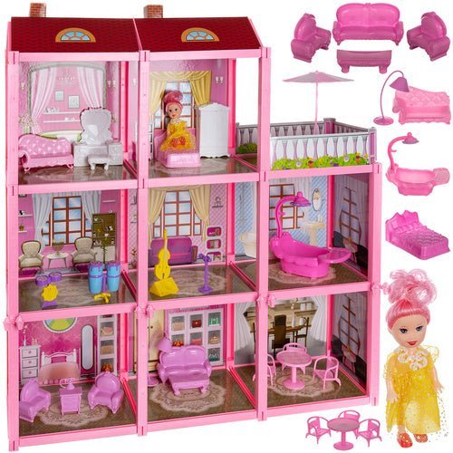 Puppenhaus mit Balkon, 3 Etagen, 8 Zimmer, 22 Möbelstücke & Puppe, 65 cm - Easy2sell - Deluxe