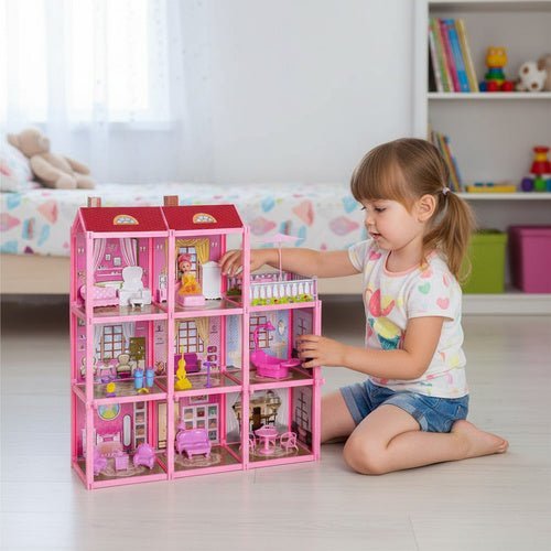 Puppenhaus mit Balkon, 3 Etagen, 8 Zimmer, 22 Möbelstücke & Puppe, 65 cm - Easy2sell - Deluxe