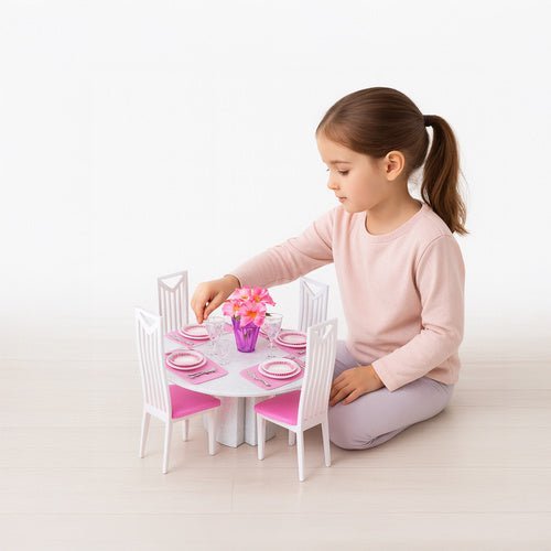 Puppenhausmöbel Esszimmerset 43 - teilig – Puppenmöbel in Rosa und Weiß - Easy2sell - Deluxe