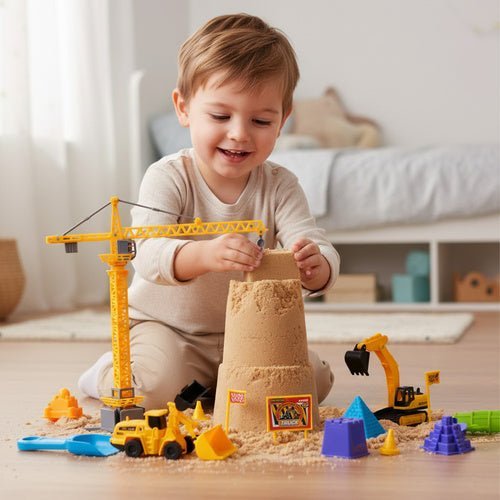 Sandkasten Set im Koffer mit Kran, Baufahrzeugen und 750g Spielsand - Easy2sell - Deluxe