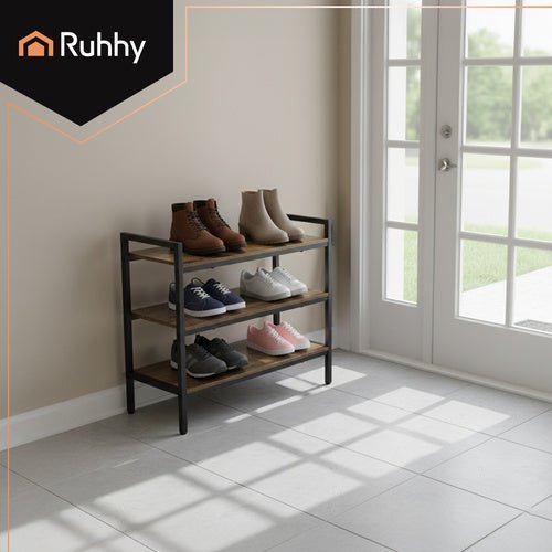 Schuhregal mit 3 Ablagen – Metall & Holzoptik, Loft - Design, 79x30x58,5 cm - Easy2sell - Deluxe