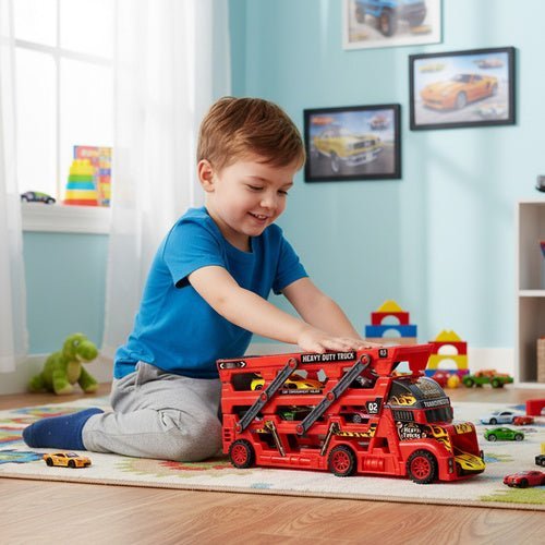 Spielzeug LKW mit Startfunktion und 6 Autos – Autotransporter Set ab 3 Jahren - Easy2sell - Deluxe