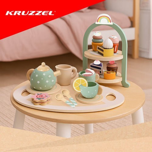 Teeservice aus Holz mit Tortenständer, 15 - teiliges Kinderspielset, Pastell - Easy2sell - Deluxe