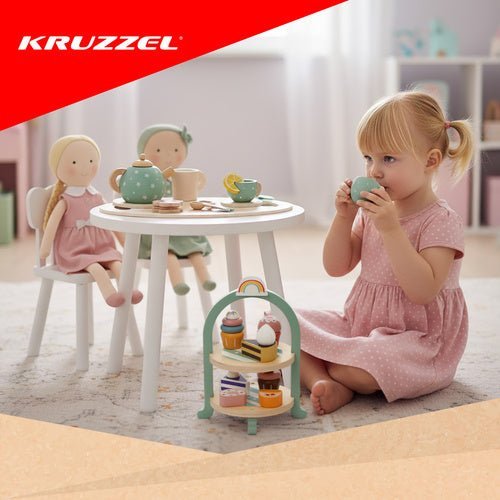 Teeservice aus Holz mit Tortenständer, 15 - teiliges Kinderspielset, Pastell - Easy2sell - Deluxe