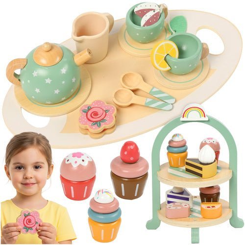 Teeservice aus Holz mit Tortenständer, 15 - teiliges Kinderspielset, Pastell - Easy2sell - Deluxe