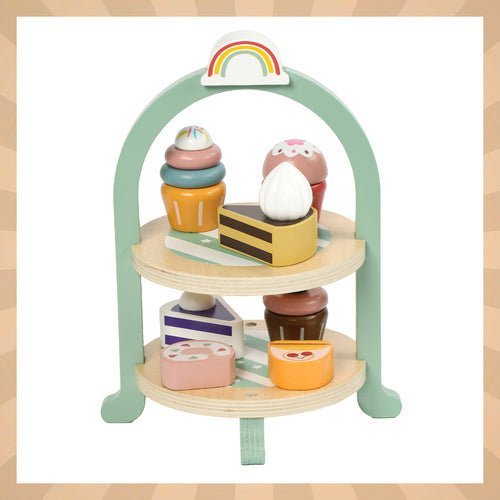 Teeservice aus Holz mit Tortenständer, 15 - teiliges Kinderspielset, Pastell - Easy2sell - Deluxe