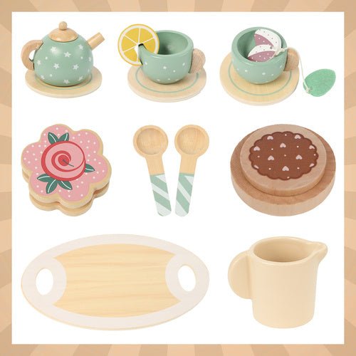 Teeservice aus Holz mit Tortenständer, 15 - teiliges Kinderspielset, Pastell - Easy2sell - Deluxe
