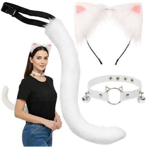 Therian Kostüm Set 3 - in - 1 mit Schwanz Ohren und Halsband in Weiß - Easy2sell - Deluxe
