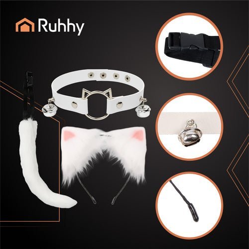 Therian Kostüm Set 3 - in - 1 mit Schwanz Ohren und Halsband in Weiß - Easy2sell - Deluxe