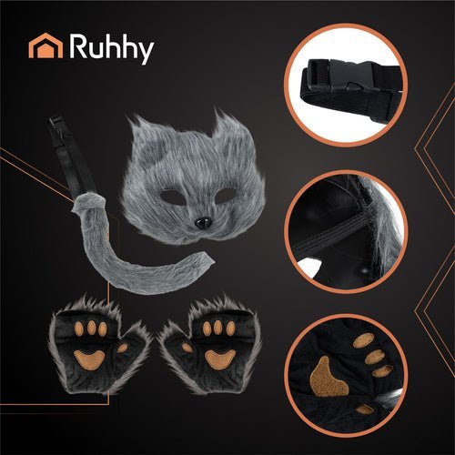 Therian Kostümset 4 - in - 1 Katze Fuchs Wolf – Maske Schwanz Pfoten Grau - Easy2sell - Deluxe