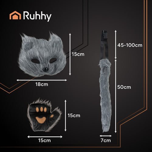 Therian Kostümset 4 - in - 1 Katze Fuchs Wolf – Maske Schwanz Pfoten Grau - Easy2sell - Deluxe