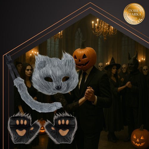 Therian Kostümset 4 - in - 1 Katze Fuchs Wolf – Maske Schwanz Pfoten Grau - Easy2sell - Deluxe