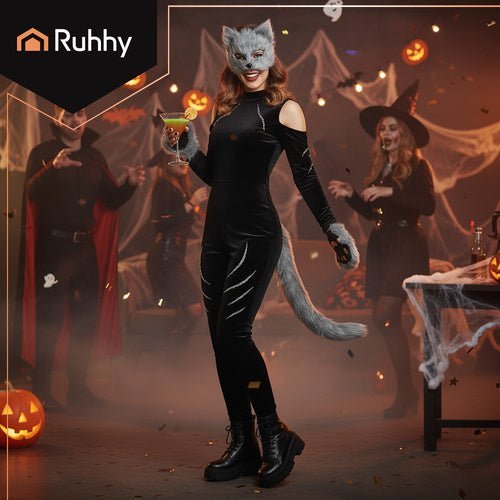 Therian Kostümset 4 - in - 1 Katze Fuchs Wolf – Maske Schwanz Pfoten Grau - Easy2sell - Deluxe