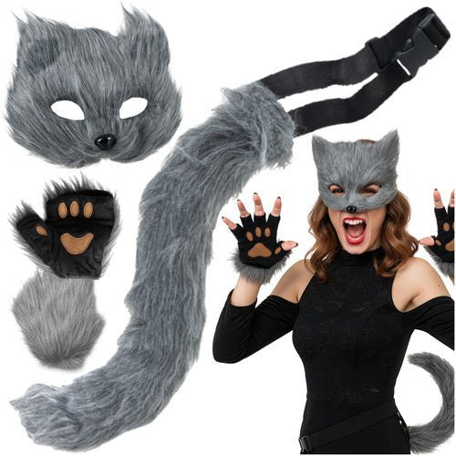 Therian Kostümset 4 - in - 1 Katze Fuchs Wolf – Maske Schwanz Pfoten Grau - Easy2sell - Deluxe