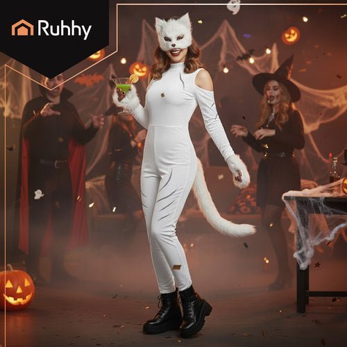 Therian Kostümset 4 - in - 1 – Maske, Schwanz und Pfoten für Cosplay, Weiß - Easy2sell - Deluxe