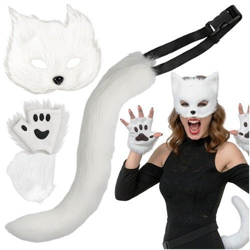 Therian Kostümset 4 - in - 1 – Maske, Schwanz und Pfoten für Cosplay, Weiß - Easy2sell - Deluxe