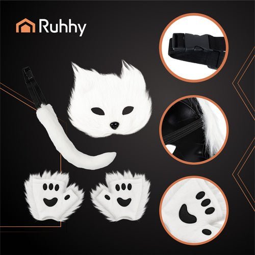 Therian Kostümset 4 - in - 1 – Maske, Schwanz und Pfoten für Cosplay, Weiß - Easy2sell - Deluxe
