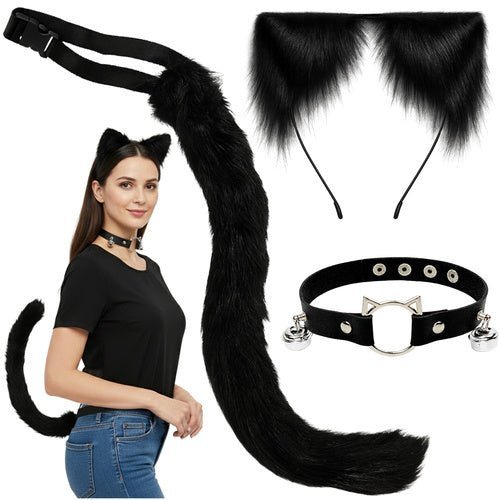 Tierkostüm Set 3 - in - 1 – Katzenohren Schwanz Halsband für Cosplay, Schwarz - Easy2sell - Deluxe