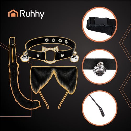 Tierkostüm Set 3 - in - 1 – Katzenohren Schwanz Halsband für Cosplay, Schwarz - Easy2sell - Deluxe