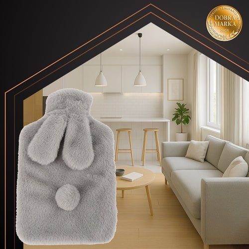Wärmflasche 1,8L mit Plüschbezug Hase – Gummi Wärmekissen Grau/Beige - Easy2sell - Deluxe