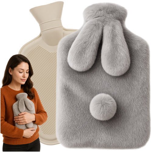 Wärmflasche 1,8L mit Plüschbezug Hase – Gummi Wärmekissen Grau/Beige - Easy2sell - Deluxe