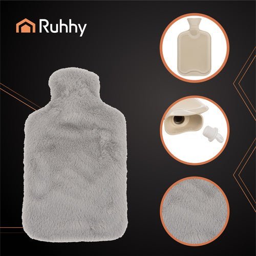 Wärmflasche 3,5L mit Plüschbezug – Große Gummi - Bettflasche in Grau/Beige - Easy2sell - Deluxe