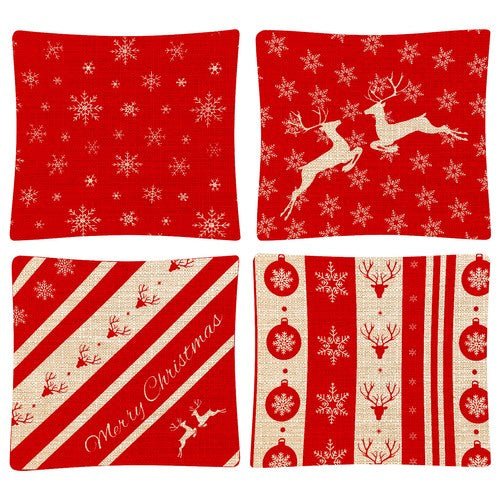 Weihnachten Kissenbezüge 4er - Set 40x40 cm Rot Leinen Dekokissen mit Reißverschluss - Easy2sell - Deluxe